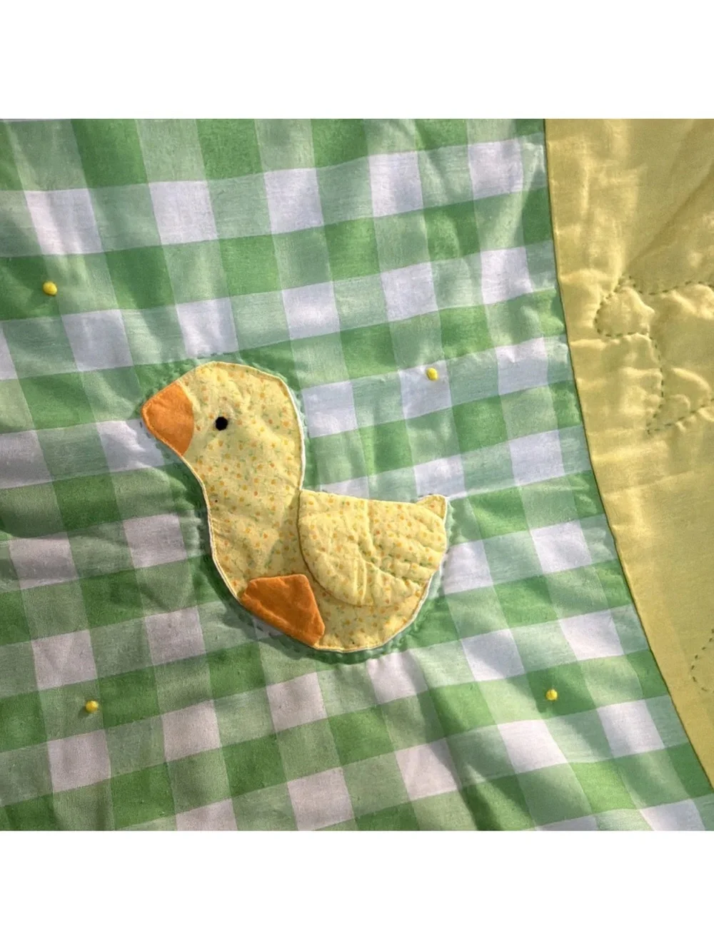 Vintage Handmade Crib Quilt Green & White Gingham Duck Appliqué Quilted 1991